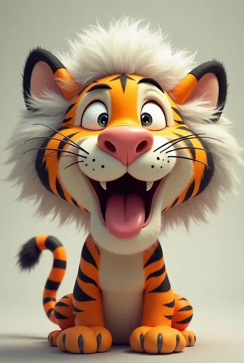 Tiger head looking at the camera, laughing and sticking out his tongue with googly drawing eyes, That he has Einstein's hairstyle 