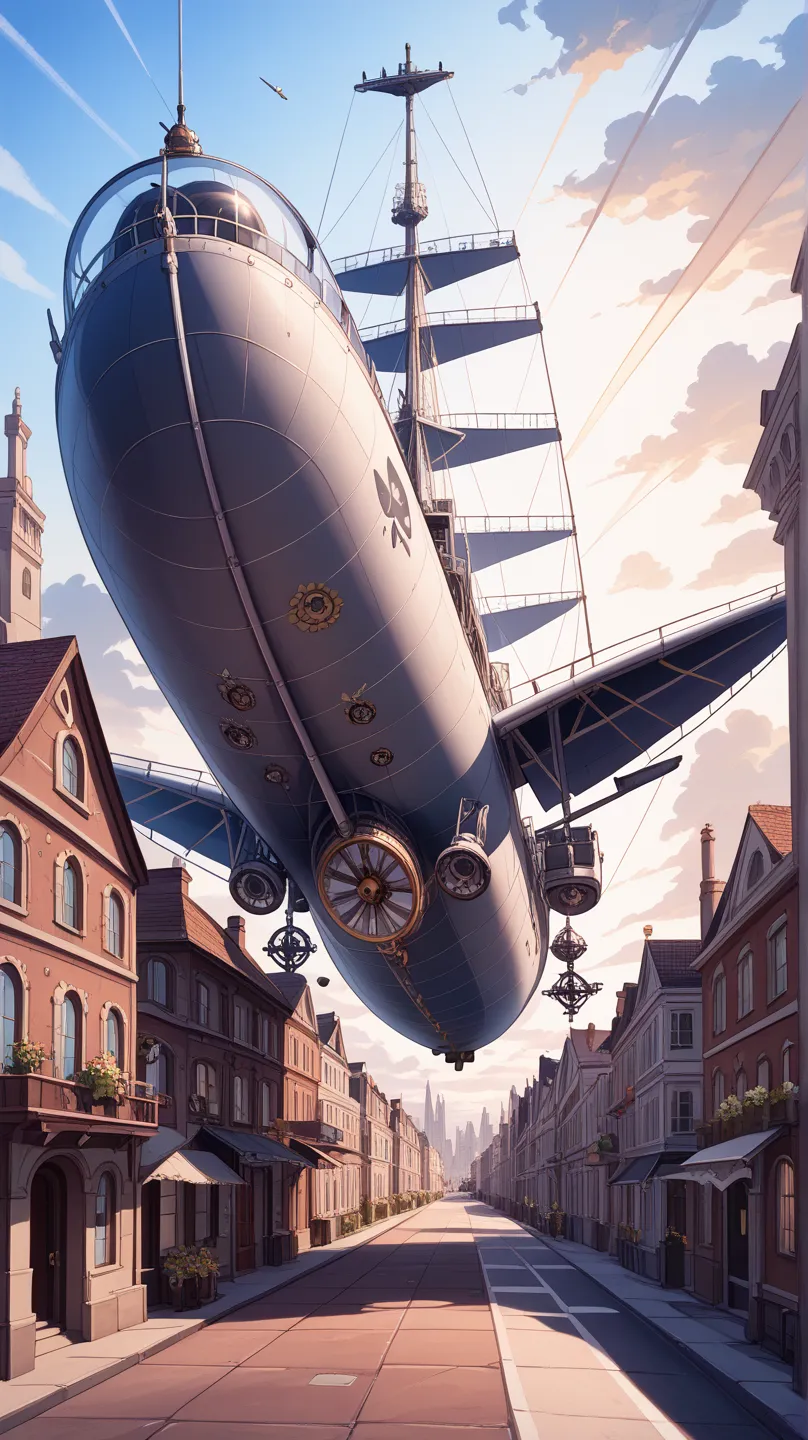 Black hair, glasses, steampunk, airship with propellers