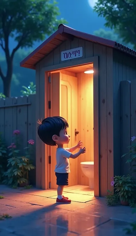 Ek ladka jo raat mein toilet ka gate khol raha hun aur light jal rahi ho toilet ke andar uske picture cartoon animation mein 3D mein