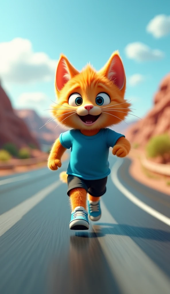 In cinematic 3D style, 4 K image, realistic image, colourful image.
Character, Orange kitten cat wearing blue t-shirt black shorts and blue and white sports shoes.
Action, There is a highway road, an Orange kitten cat is shocked and he is running very fast...