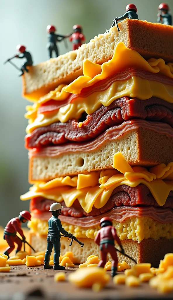  Tiny workers are working diging the cheese and meat on the sandwich, high quality photo image 