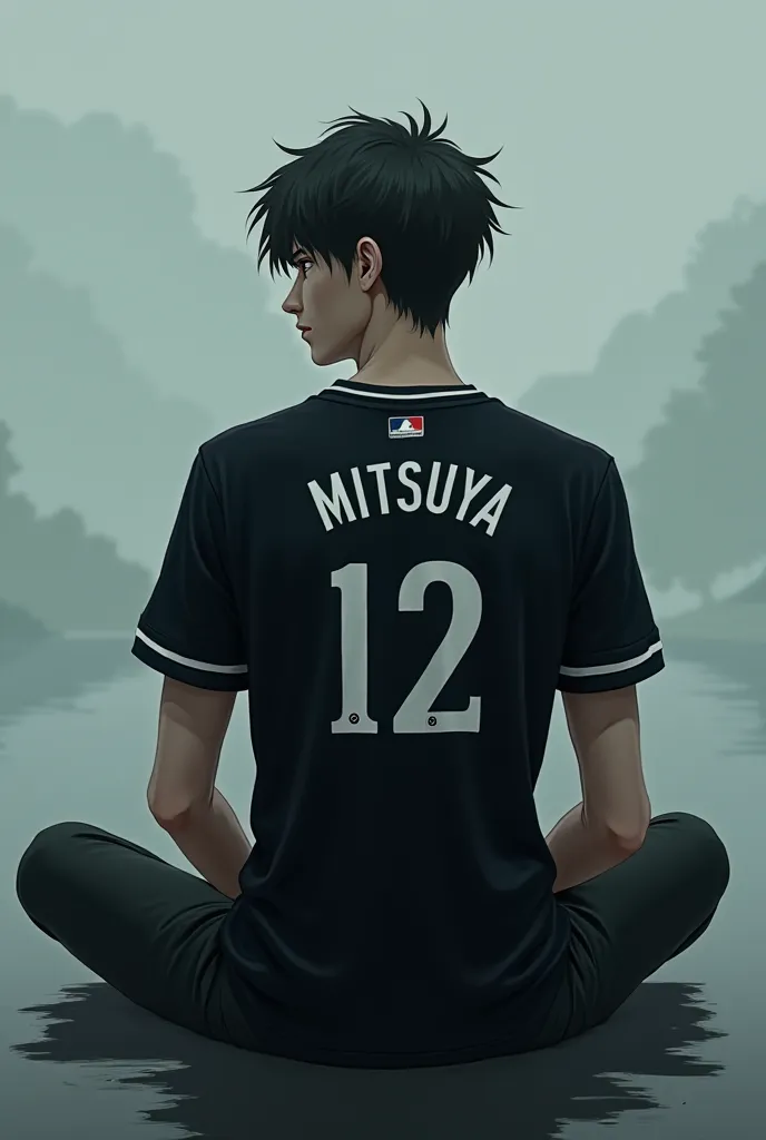 A thin, unsmiling man sits him on a chair in a quiet place dressed in a black jersey shirt named mitsuya number 12 