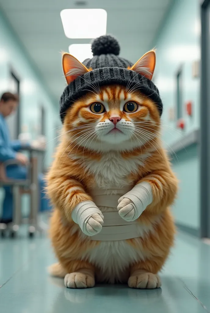 chubby orange cat wearing the 'NOVESIX' black knitted hat,Enter the hospital body full of bandages,very realistic,very detailed,4k