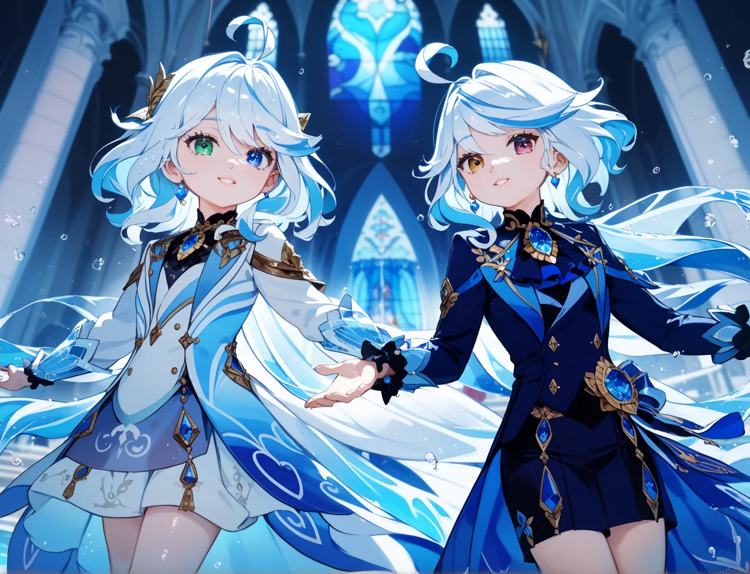 ((Best quality)), ((Masterpiece)), 
8k resolution, UHD, HDR, 
Focalors full-body portrait, 
long gradient blue-white hair, heterochromia eyes (left gold/right blue), 
transparent hydro wings, floating water droplets, 
ornamental headpiece with pearls, silk...