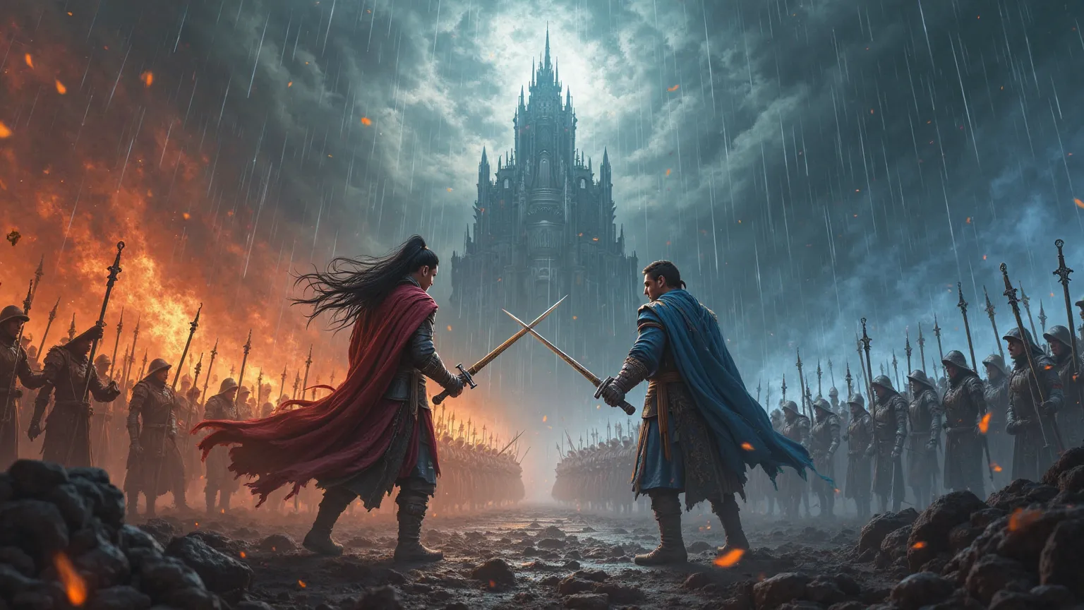 An epic battle between a。An epic battle between a tall, dark-haired young warrior and an evil general, Battlegrounds Attacked by a Storm of Fire and Ice, Rain and Arrows、A duel where swords collide、Crowds of soldiers watching