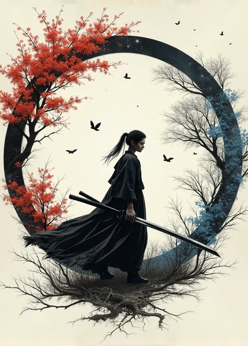 {with the text:"katana and romance":1.1},in style of ashley wood,in style of Giovanni Costa logo,{minimalist style:1.5},Ink Art,Extreme details Extremely detailed Intricate details katana ,ring composition,{the focus of the composition is on the outside of...