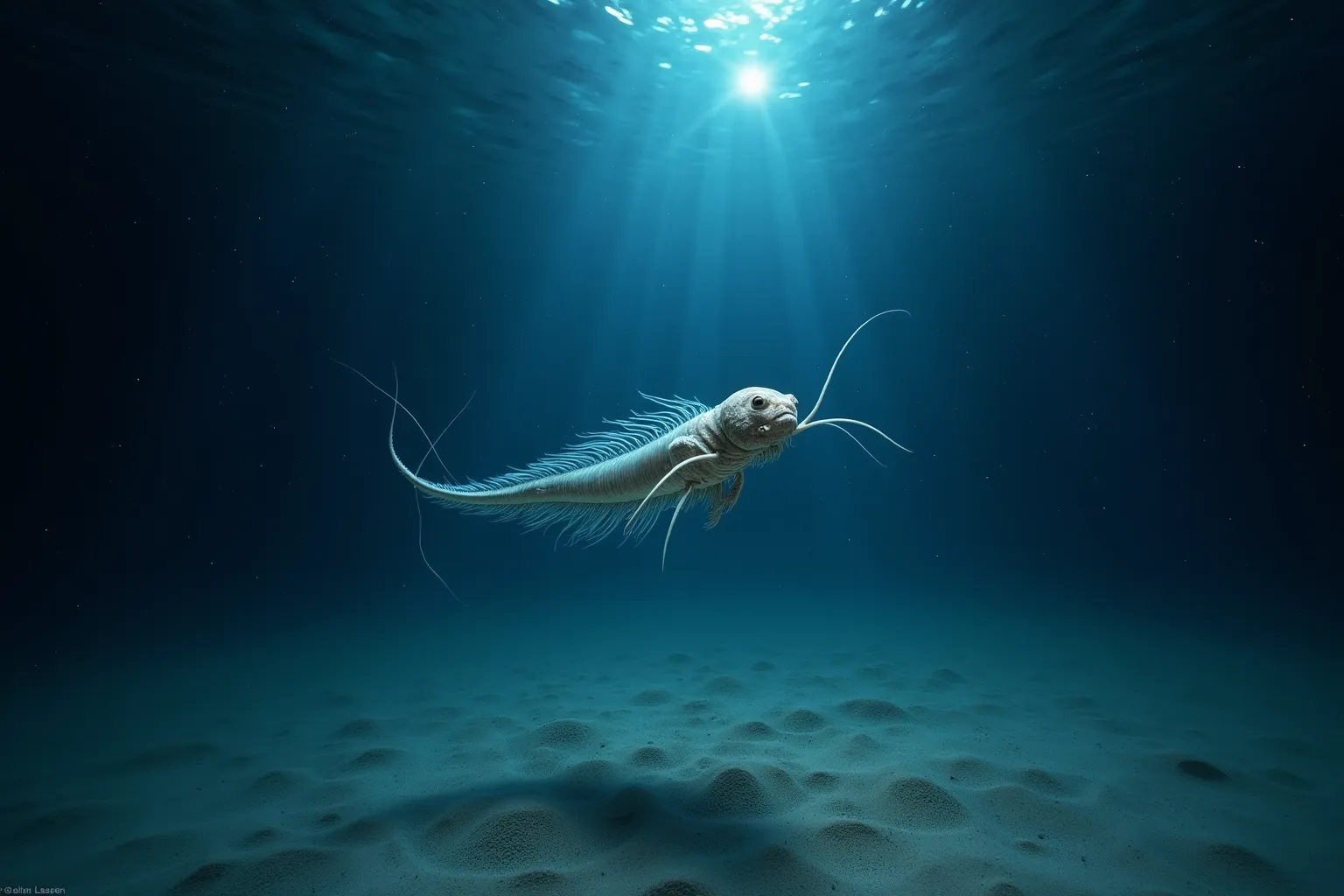 beautiful deep sea　High transparency　Cambrian
Anomalocaris is swimming
Are the Olenoids swimming too
Haplofrentis is swimming too　There are also trilobites
　seabed　sand　Moonlit Night　universe　star　Shine　realistic　 fantastic　like Christian Lassen　realistic　...