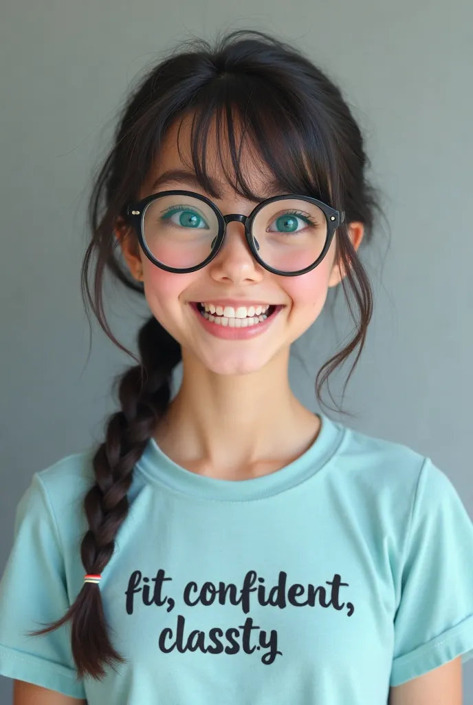 The girl in the image has a youthful appearance with a fair complexion. She has dark brown or black hair styled in a side braid, with bangs covering part of her forehead. She is wearing large, round glasses with a thin black frame, and the lenses reflect s...