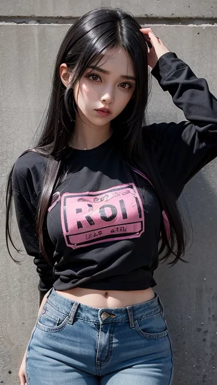 solo , 1girl , black long hair , pink shirt rock punk styes , big breast , jeans rock punk styes 