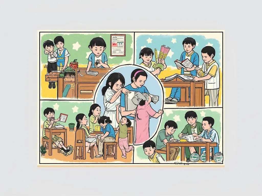 Draw a vivid picture depicting ren in Ninh Bình province studying and following the 5 teachings of Uncle Ho to young people and ren. The picture can include various activities, such as ren diligently studying, participating in community activities, loving ...