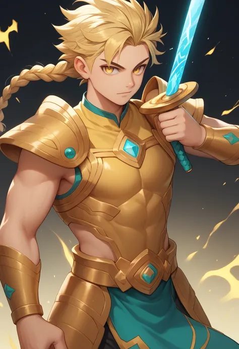 1garoto (22-year-old blonde with braided hair with shaved sides,) With a sword that radiates power, with a yellow and blue energy, The sword is big and golden, he wears golden armor, Your eyes shine yellow anime 