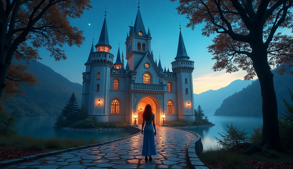 hdr, 4k, night scene, starry, cosmos, universe, Generate a beautiful and huge medieval castle of white bricks with gold frames on the windows and a beautiful courtyard 5 stories high. With an area of ​​100 thousand square feet, nestled in the forest, a lar...