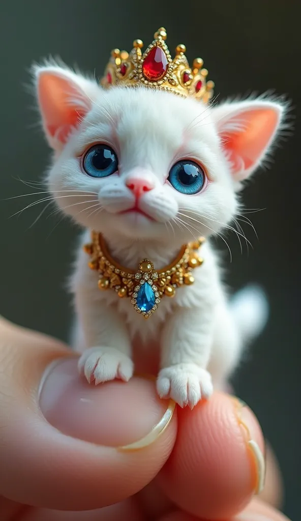 Hyper-realistic digital rendering of a very small cat perched on a human's fingertip. This cat is no bigger than a pea, this cute and adorable little cat has thick, curly white fur. It has large, shining bright blue eyes, as well as beautifully . This cat ...