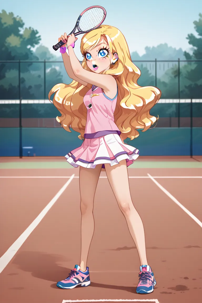 iris, 1girl, solo girl focus, blonde hair, long hair, pink hairband with bow, pink hairbow, blue star shaped earring, huge eyes, blue eyes, eyelashes, pink lipstick, skinny, shorty, slender limbs, nail polish, TennisUniform, tennis skirt, tennis racket, te...