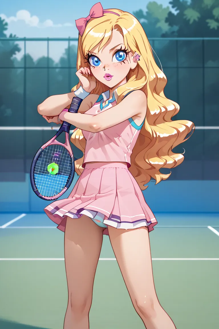 iris, 1girl, solo girl focus, blonde hair, long hair, pink hairband with bow, pink hairbow, blue star shaped earring, huge eyes, blue eyes, eyelashes, pink lipstick, skinny, shorty, slender limbs, nail polish, TennisUniform, tennis skirt, tennis racket, te...