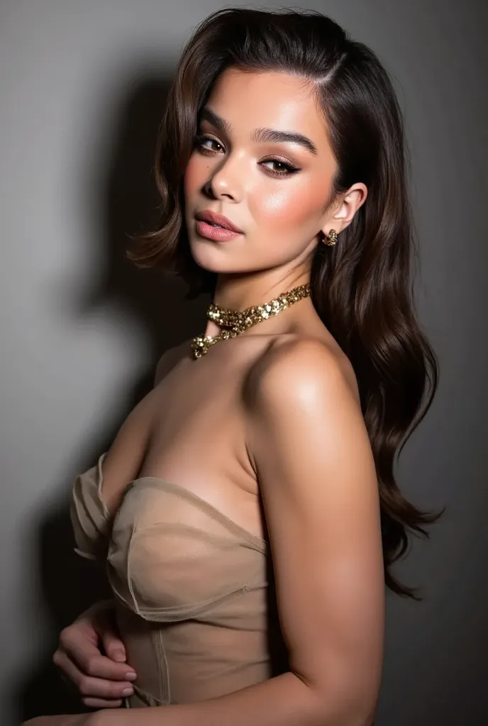 Full body photo rear side view of Hailee steinfeld posing for vogue in fashion clothes with sheer long skirt. The image captures every fine detail, including natural skin texture, visible pores, subtle imperfections, fine lines, and individual hair strands...