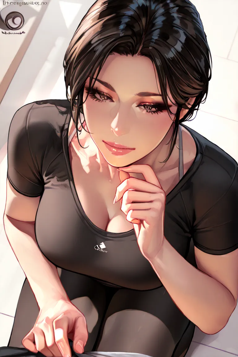 Anime HD, A middle-aged woman, charming, Mature Woman, Yoga Clothes,  Sagittarius, black short hair,Dissemination,  drawing a fat white bear , Rich details,  anime characters,  character in the middle of the hairstyle, Complete character styling, Full Body...