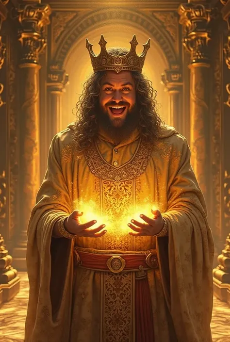 King midas smiling in awe and excitement while looking at his own hands, fascinated by his new powers of turning everything he touches into gold.