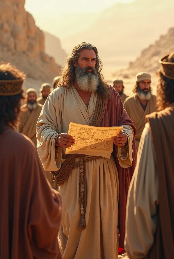  Moses stands before the Israelites, holding a scroll with the Tabernacle’s design. He explains the plan, while the people listen attentively.