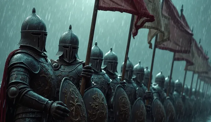 An epic battle scene under heavy rain, showing a row of heavily armored warriors. They wear full armor, including imposing helmets that hide their faces, but their postures reveal courage and determination. Each warrior holds a firm spear and a sturdy shie...