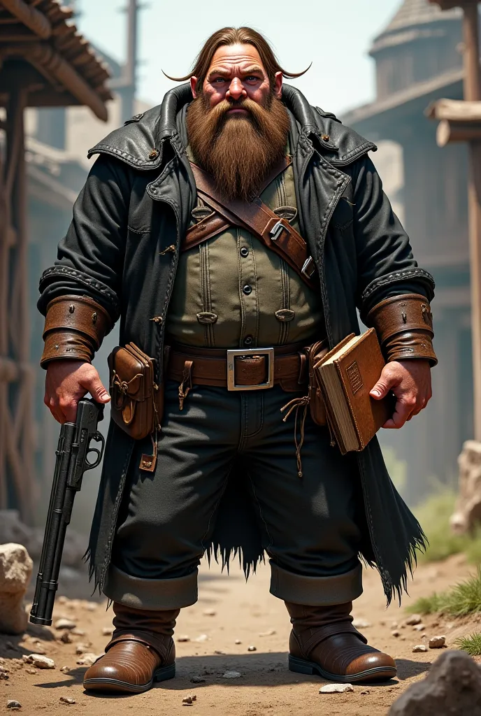 Robust RPG dwarf with short beard, long brown loose hair, black shirt, pants, vest and overcoat left hand Colt Peacemaker and right hand Bible