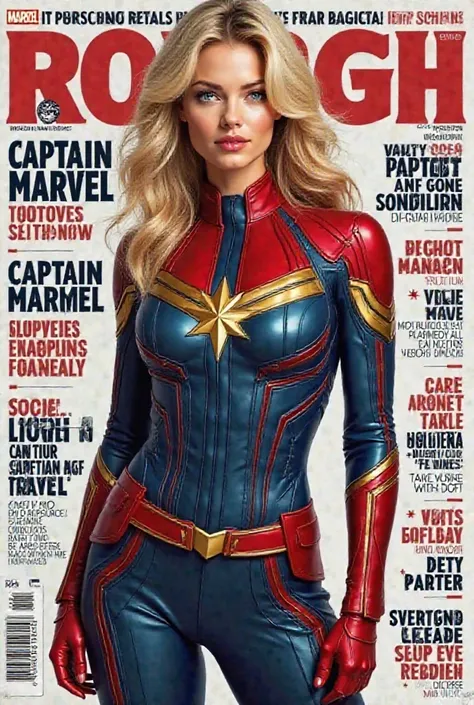 Create the cover of a fashion magazine with Captain Marvel real woman hyperrealistic Hyperrealism as the protagonist of the cover and with background texts as if it were a real magazine.  outfit.  hyperrealism. live action magazine. Big breasts. blond hair