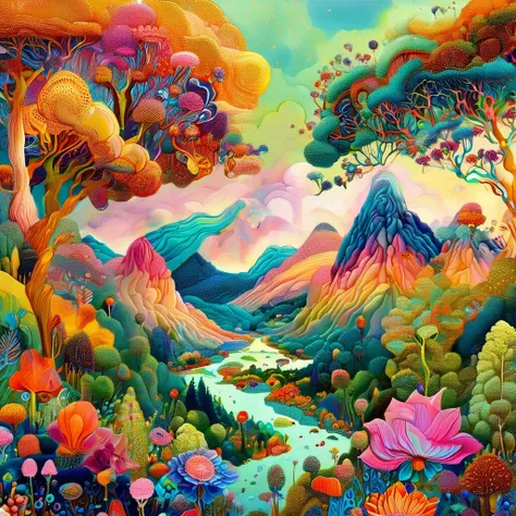 Colorful landscape painting with trees and hills in the background, jane newland, mythical flower hills, dreamy fantasy landscape painting, colorful landscape painting, camille bombois, sunset illustration, floral sunset, psychedelic landscape, vibrant gou...