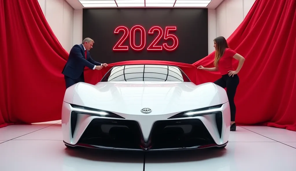 captivating image of a2025 Toyota Grande madified  ]taking a center stage in a luxurious white showroom.
The futuristic, vibrant ( white )exterior gleams , showcasing it's sleek aerodynamic design and bold accents ,the words ( modified  ) a man and woman u...