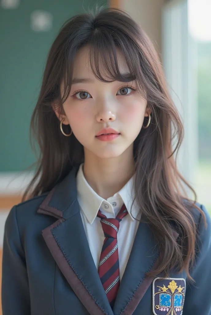 i want to generate a korean girl fair skin cute face photorealistic in korean high school uniform make it more humazine and realistic and give background of korean school a girl with complete uniform give a full image from head to toe and the girl should b...