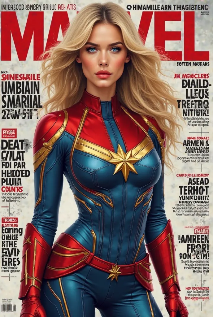 Create the cover of a fashion magazine with Captain Marvel real woman hyperrealistic Hyperrealism as the protagonist of the cover and with background texts as if it were a real magazine.  outfit.  hyperrealism. live action magazine. Big breasts. blond hair...