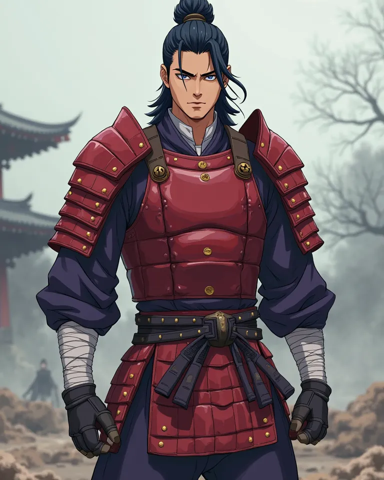 "A highly detailed, anime-style warrior wearing a deep red segmented samurai armor, covering his chest, shoulders, and waist with gold rivets and straps. Underneath, he wears a dark purple, long-sleeved shinobi outfit with fitted pants tucked into traditio...