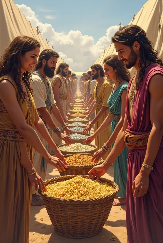  Israelites line up to bring offerings of gold, silver, fine linen, and precious stones. Families smile as they place their gifts in large baskets.