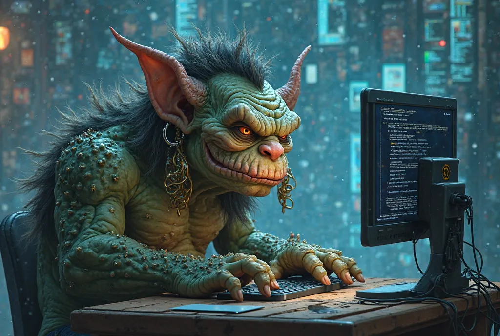 A troll, two-headed. One head with earrings. In front of a computer, is on the net. IMPORTANT IS A TWO-HEADED TROLL!!! high details, high quality, 