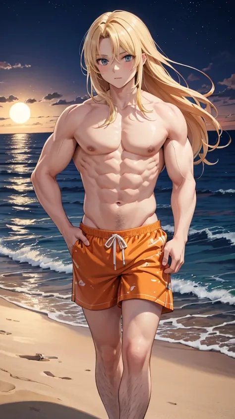  Draw an anime-style image of a muscular man with long blonde hair, wearing orange swimming trunks. The scene is set at nighttime on the beach, with the moonlight reflecting on the water and gentle waves in the background.   walking on the beach, tossing a...