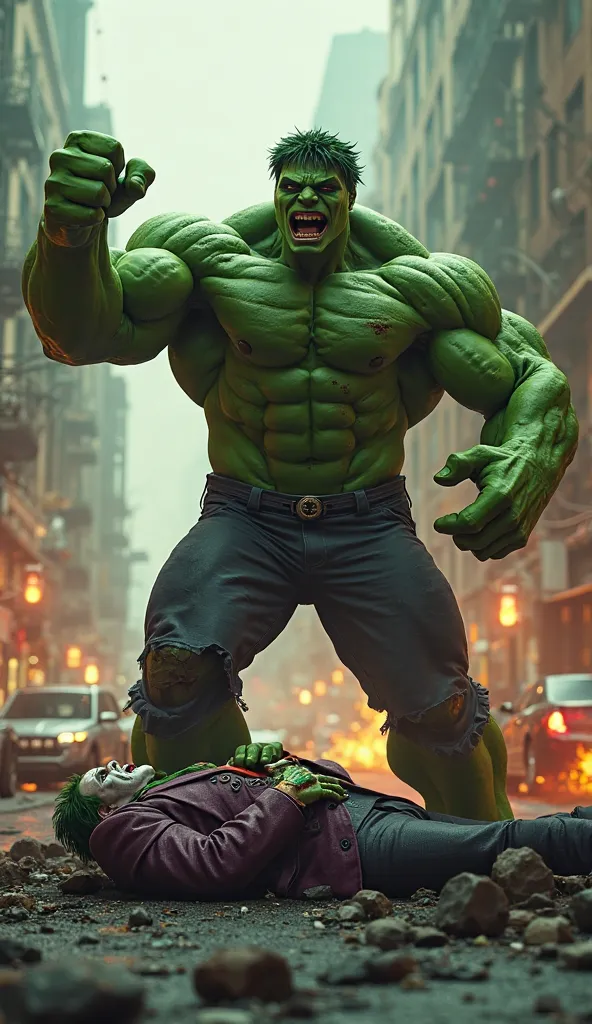 "Create a highly realistic, climactic scene of the Hulk standing victorious over the defeated Joker. The Hulk is roaring into the sky, his fists raised in triumph, with veins bulging and his green skin glowing with power. The Joker is lying unconscious in ...