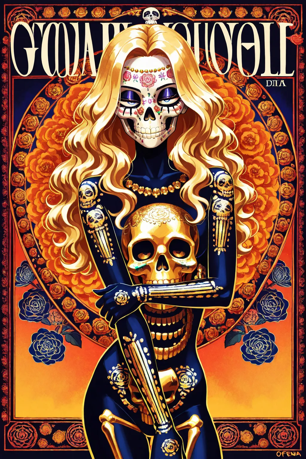 gyaru,  cool beauty face, gold hair, wavy hair, woman hair style, slender body, half-closed eyes, hand on own arm, pose, marigold pattern fashion, feet out of frame, poster, upper  body, background skull art, Día de los Muertos, Ofrenda,