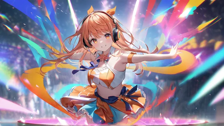 Full body shot. Detailed images taken by a professional photographer. Cherry blossom petals are dancing inside. She is a cute top idol. Big smile. Headphones, orange bob. open shoulders. High quality, 8K Ultra HD, high detail, masterpiece, anime style digi...