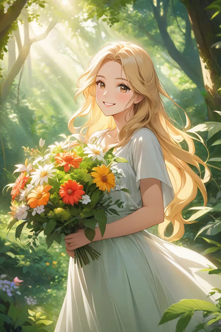  in the woods、Blonde long hair woman、is smiling、I have flowers