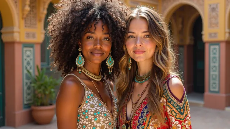 Two beautiful young women standing close together in a vibrant, exotic setting with intricate architectural details in the background. One has voluminous curly hair and a deep tan complexion, while the other has wavy light brown hair with freckles. Both ar...