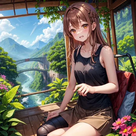 pink brown brown gold hair、 eye、  Has hair tied  、Two cute people、 check miniskirt、  black t-shirt、 Light clothing、 tank top、 camisole、high socks、 Boots、 teeth inside、  The Road Is Crooked 、Mountain々、Stick together  、 bamboo forest、 chest pocket  、rock sal...