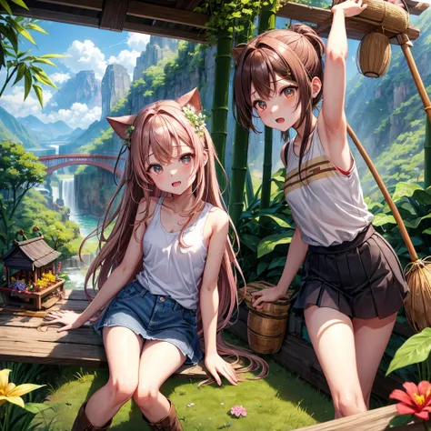 pink brown brown gold hair、 eye、  Has hair tied  、Two cute people、 check miniskirt、  black t-shirt、 Light clothing、 tank top、 camisole、high socks、 Boots、 teeth inside、  The Road Is Crooked 、Mountain々、Stick together  、 bamboo forest、 chest pocket  、rock sal...