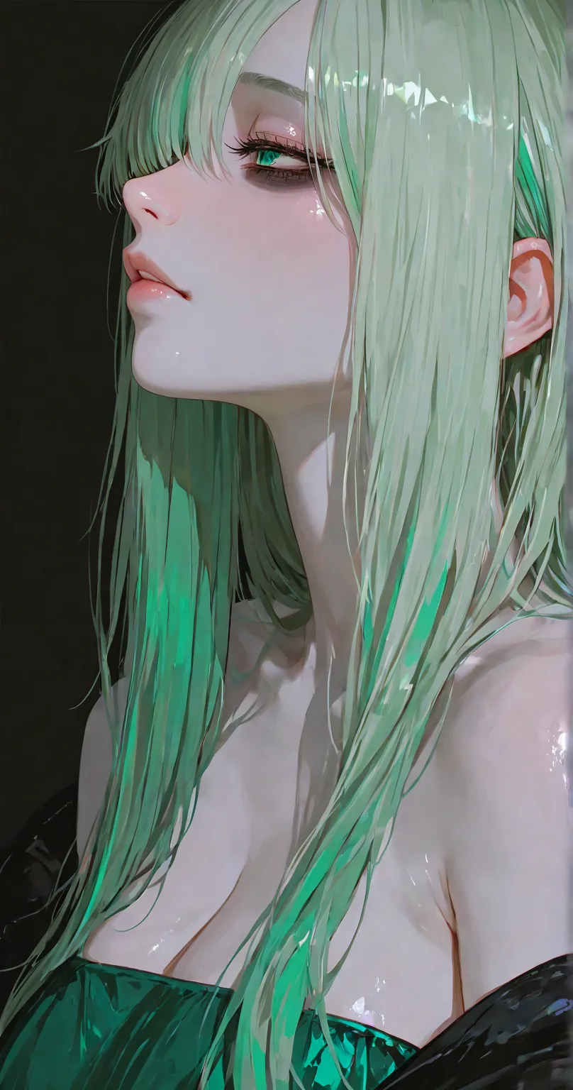 masterpiece, Highest quality, Good quality, very aesthetic, Absard dress,  latest, 1 girl, Alone, longhair, profile,  frame green color hair, long hair, hair that hangs over one eye, nail,  eyelashes, plump lips, Moles Under Eyes, PALE SKIN, makeup,  Half ...