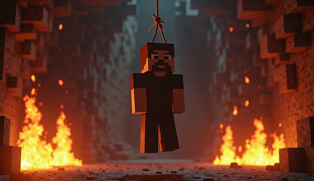 A Minecraft character who hanged himself. Dark vibe. Fire on her background. The cave is on fire around him.