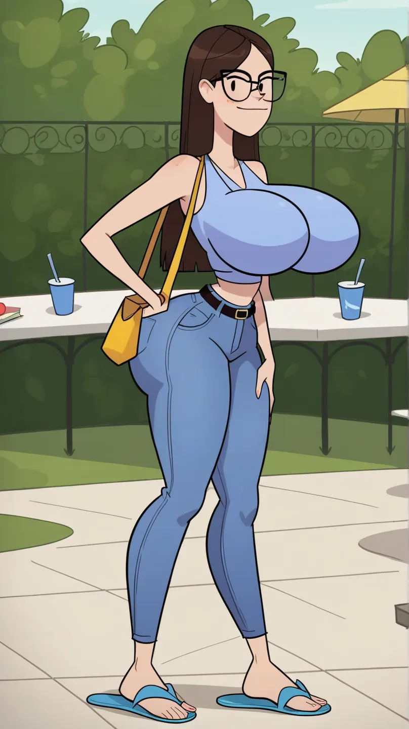 score_9, score_8_up, score_7_up, 1girl, Swimteacher, brown hair, long hair, glasses, huge breasts, narrow waist, wide hips, looking at viewer,tight thicc jeans,thicc fat ass,black belt,(((white flip flops))),(((White mini fitted tank top))), highres, high ...