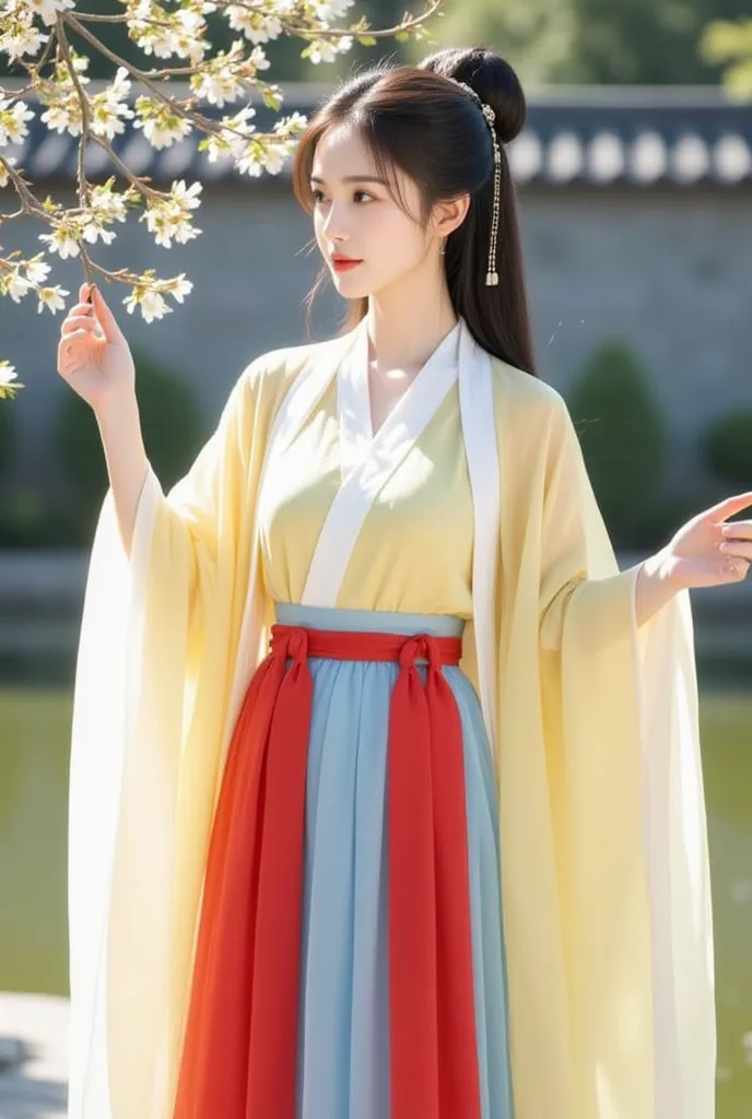 The image depicts a young woman dressed in traditional Hanfu attire. She is wearing a flowing yellow robe layered with white, along with a vibrant red and blue skirt. Her hair is styled elegantly with a decorative hairpin, complementing the serene and natu...