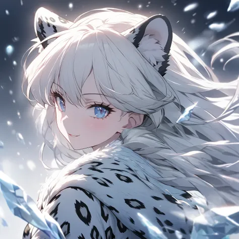 1woman, leopard woman, eyelashes, dangerous look, leopard woman, happy expression, mysterious, 1girl, leopard girl, Leopard (Kemono friends) A tall, slender woman with long silver-white hair and ice-blue eyes. Her pale skin has a slight frosty sheen, and h...