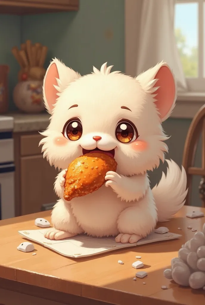 A cute  is eating chicken 