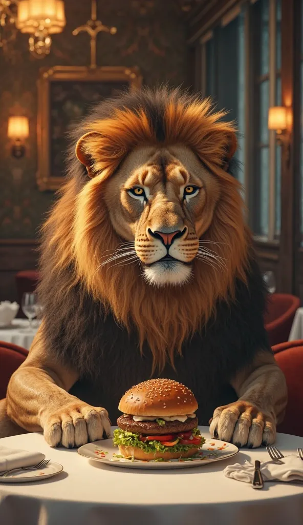 Generate A lion sitting in restaurant eating burger