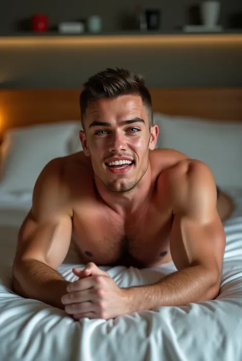  a muscular man, warm, not,  wearing only a swimsuit , lying on the bed with an excited expression and with a large body fully shaved, shaved beard and mustache,  blouse without a beard and without a mustache.