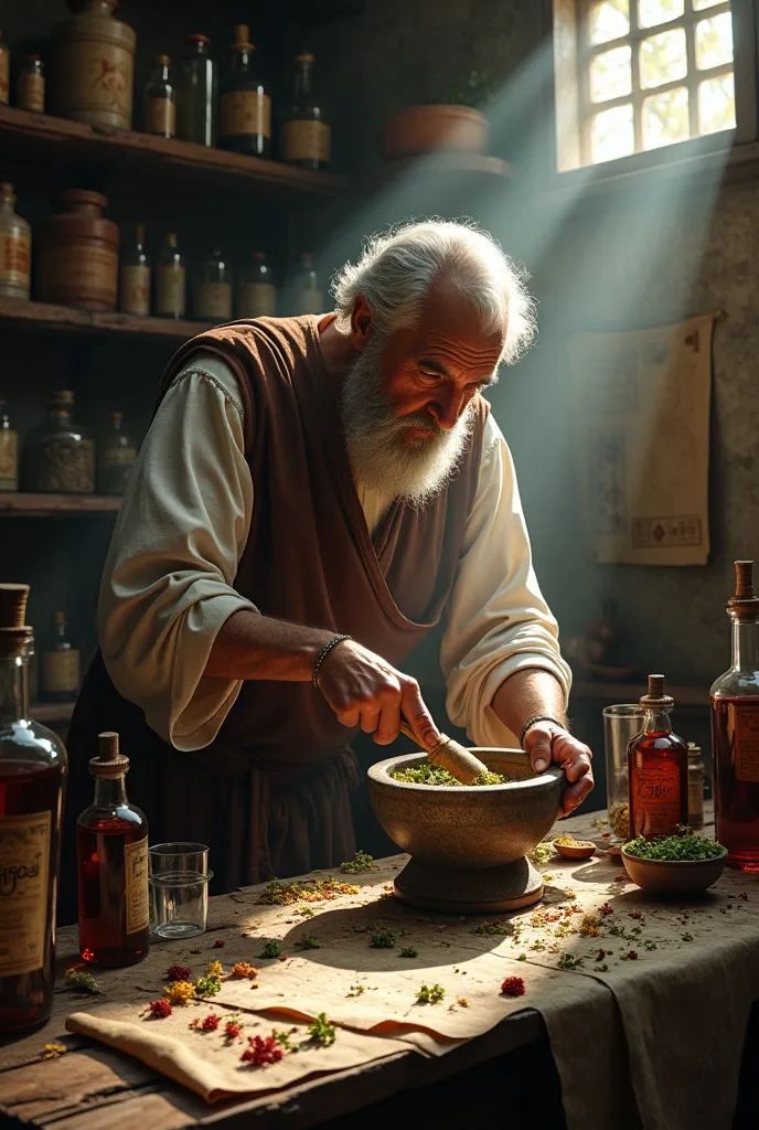 Give me an image of Roman apothecary preparing Mithridatium. The image should be hyper realistic and in 8k